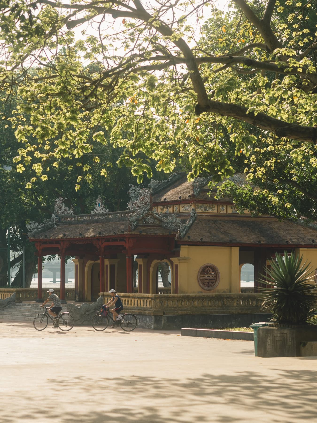 Buổi sáng bên sông Hương Huế — mái đình cổ dưới tán điệp vàng, người đạp xe trong nắng sớm